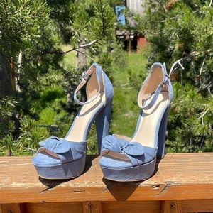 Brand New 🌟 Platform Blue Suede Heels with Cute Bow size 6.5
